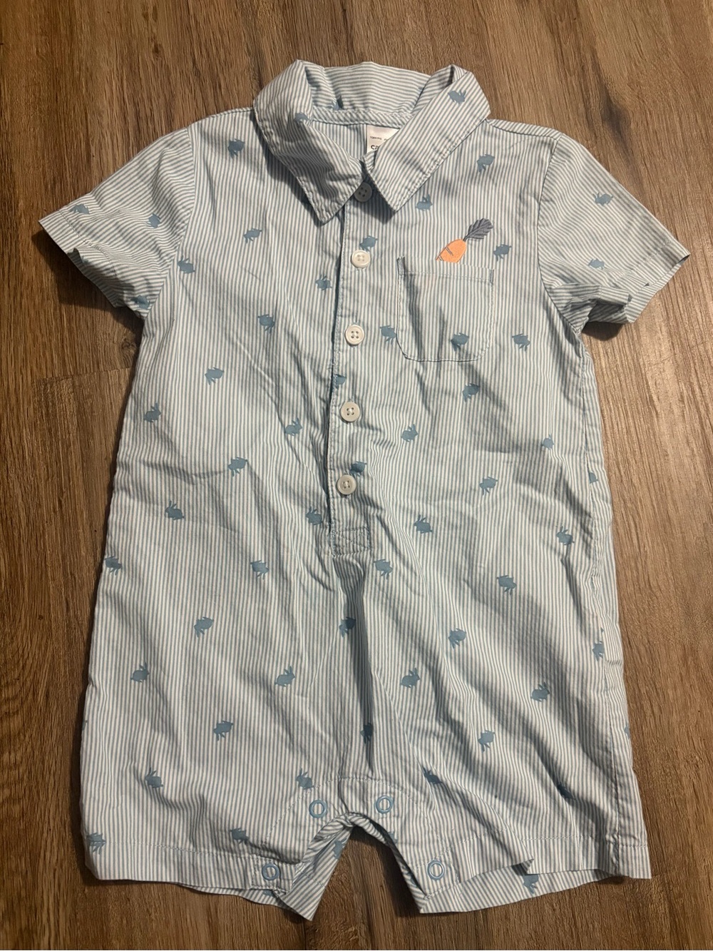 Carter’s - Light Blue Striped Short Romper with Bunny Print - Size 18 Months